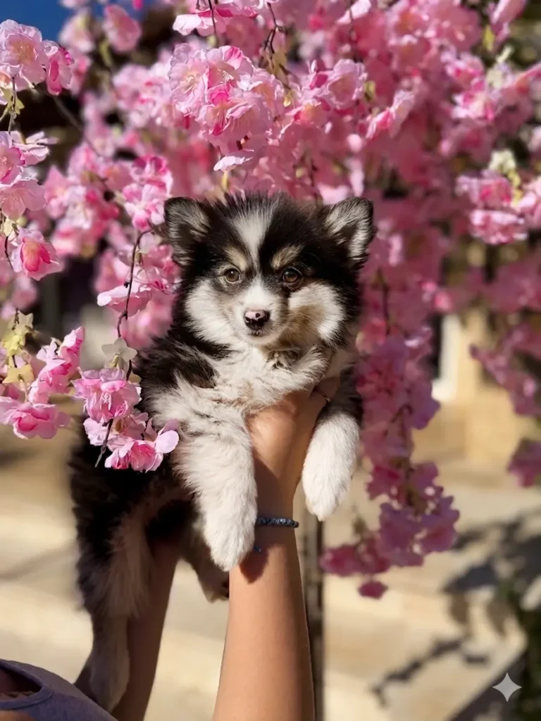 chiot pomsky derriere un arbre