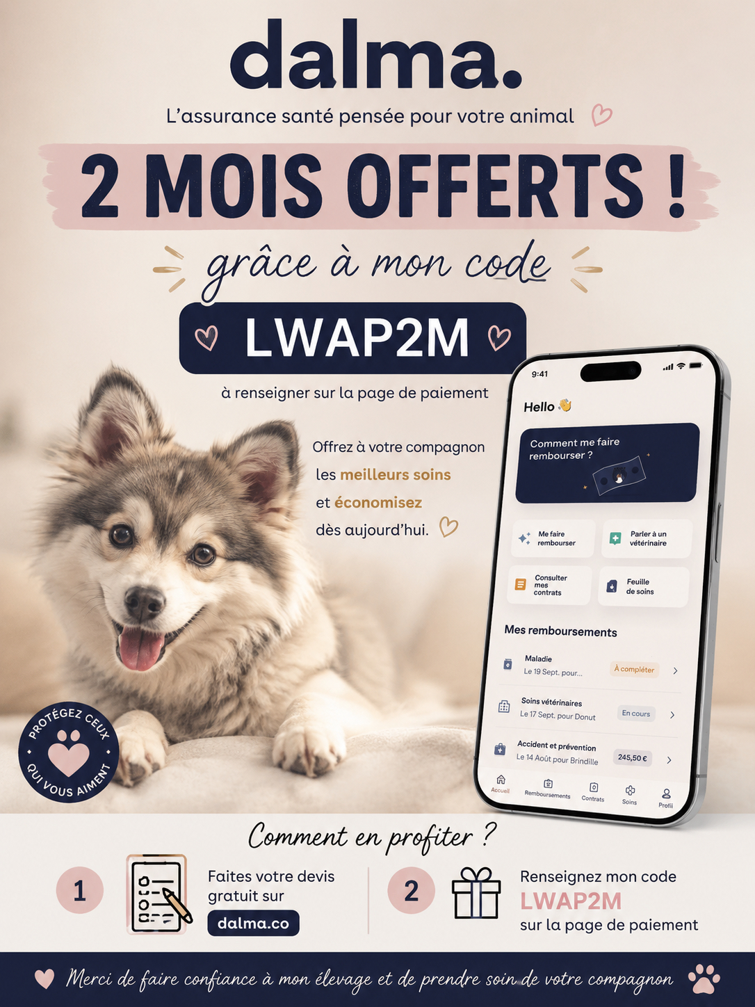 Dalma assurance santé animaux - 2 mois offerts avec le code LWAP2M - Partenaire Little Wolf Angels Pomsky